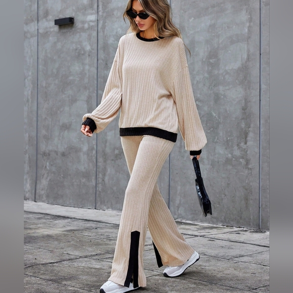 Pants - Women's Color Block Knitted Ribbed Two Piece Set With Border Decoration